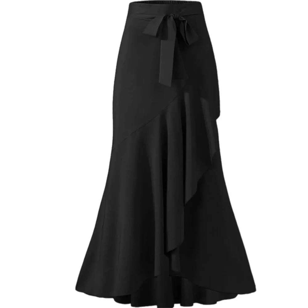 Women Elastic Back A Line Flowy Skirt Maxi Skirt Tie Front, Fishtail - Picture 2 of 2
